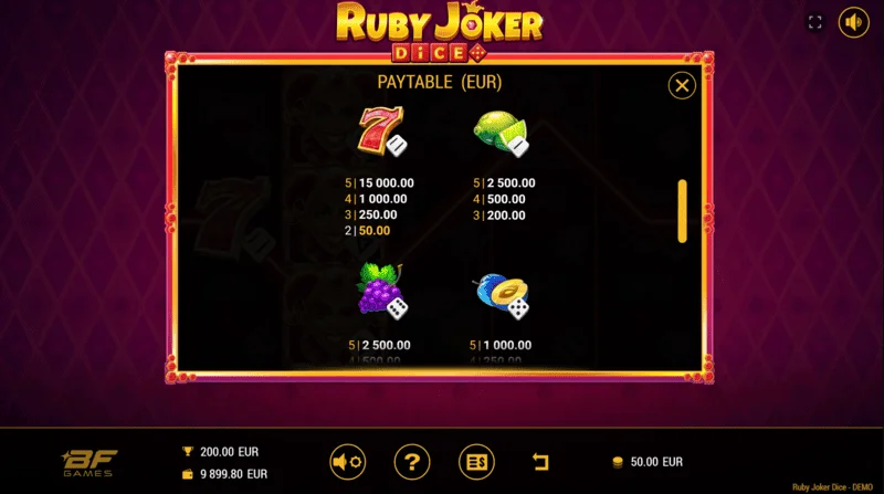 Ruby Joker Dice - paytable